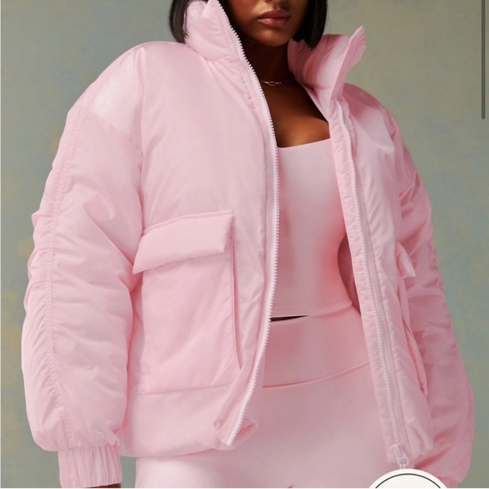 Fabletics Pink Puffer Jacket with High Collar and Relaxed Fit